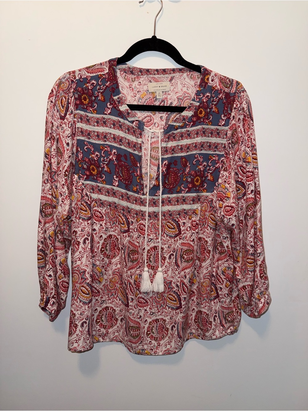 Lucky Brand Boho Tassel Peasant Blouse - Pink Multi